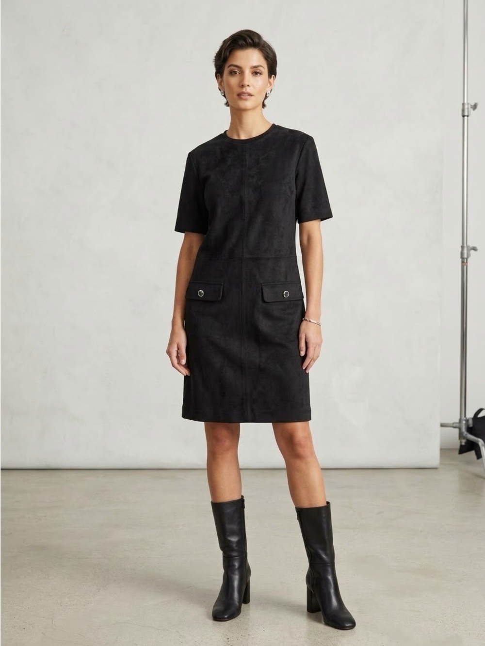 Zara Women Shift Midi Dress Black Short Sleeve Pocket Detail Size L